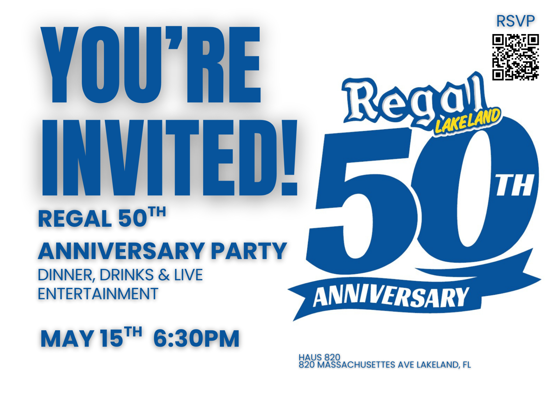 Regal 50th Anniversary event flyer with RSVP barcode